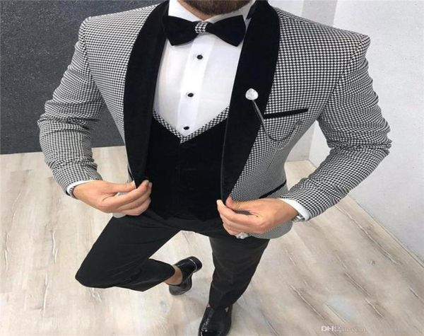 Abito da uomo formale design italiano 3 pezzi Slim Fit Party Prom Pied de poule Sposo Matrimonio Uomo Blazer Tuxedo8509652