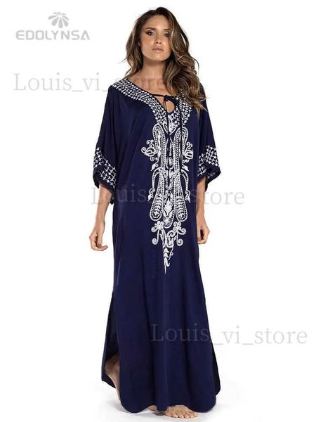 Vestidos Casuais Básicos Indie Folk Bordado Sexy V-Neck 2024 Primavera Verão Praia Vestido Túnica Mulheres Beachwear Kaftan Maxi Vestidos Q775 T240227