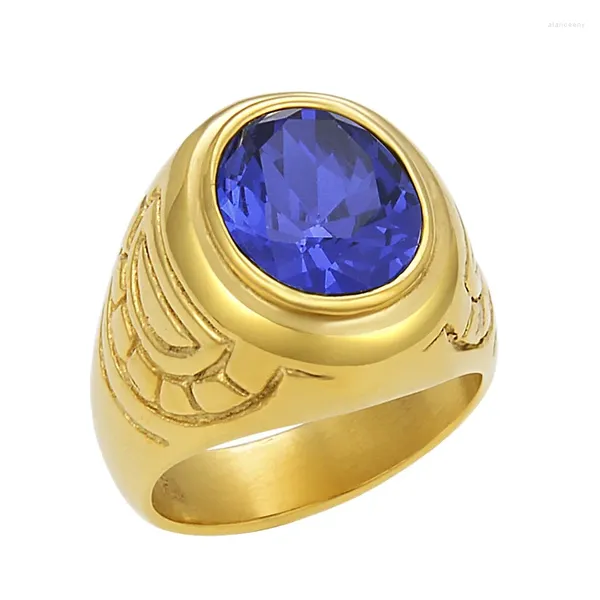 Anéis de cluster masculino simples anel de pedra azul ouro cor dedo banda de aço inoxidável moda jóias