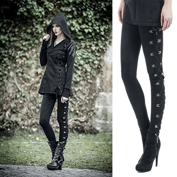 Gotik Punk Dantal Toz Tozluk Kalça Kalça Yüksek Bel Pantolon Avrupa Amerikan Günlük Kırpılmış Kalem Tayt Kadın Moda Pantolonları 240223