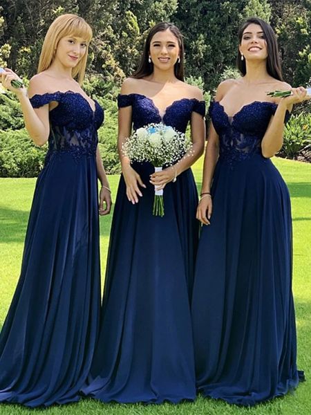 Nuovi abiti da damigella d'onore in chiffon di pizzo blu navy Una linea con spalle scoperte Perline Applicazioni Top Abiti da ballo Abiti da sera formali per la laurea