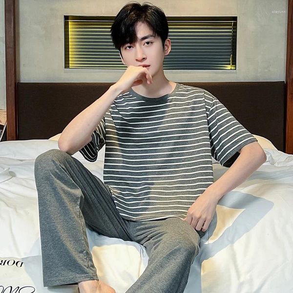 Мужская одежда для сна, корейская мода, модальный мягкий пижамный комплект в полоску, летний комплект с короткими рукавами, спальный топ, длинные брюки, ночная рубашка, большой размер 5XL, пижама
