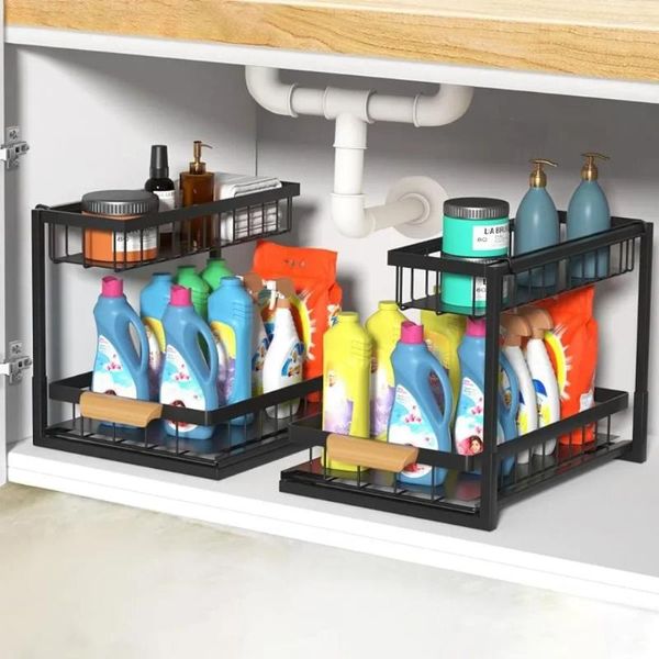 Металлический выдвижной органайзер для кухонного шкафа с выдвижным ящиком, прочный многофункциональный для организации ванной комнаты, черный