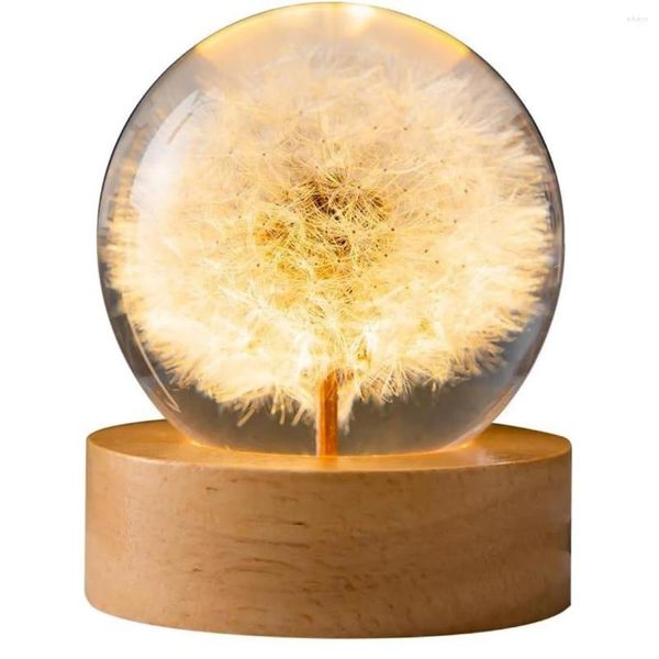 Figurine decorative Sfera di dente di leone di cristallo Luce notturna Fiore secco autentico in lampada a LED in vetro con base in legno Alimentata tramite USB Regali ideali