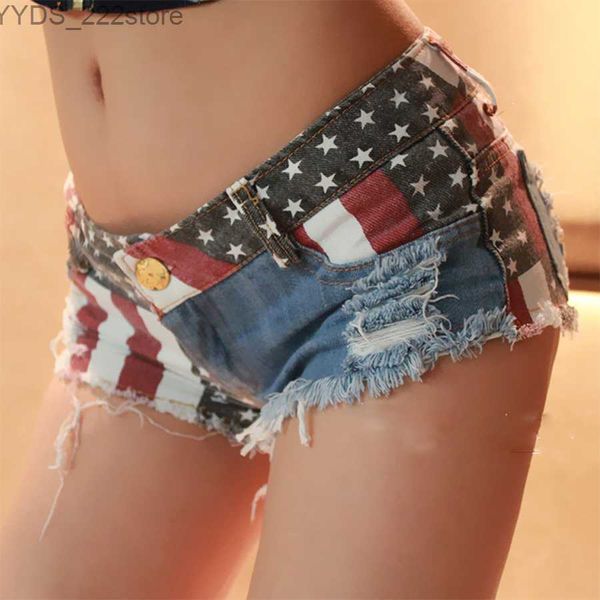 Shorts atacado-verão cintura baixa impressão denim booty shorts para mulheres vintage bandeira americana padrão buraco borla sexy mini jeans clube calças quentes 240227