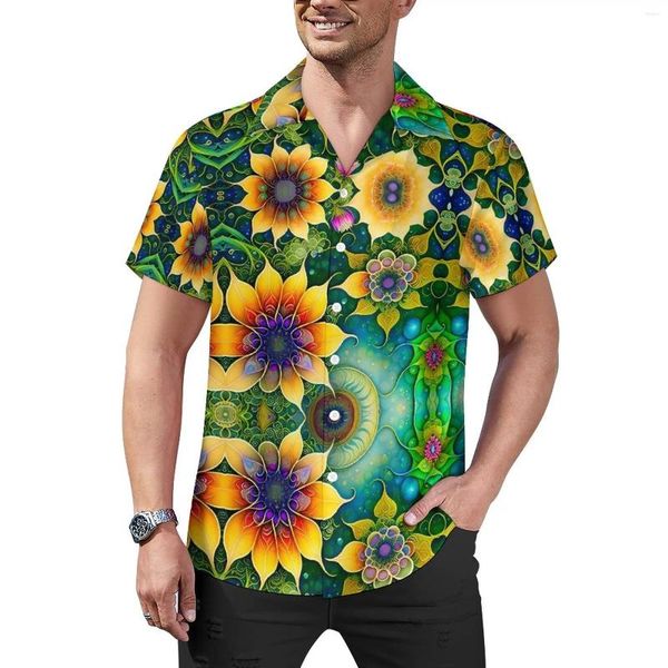 Camisas casuais masculinas camisa de girassol estampa floral férias soltas havaí vintage blusas de manga curta padrão roupas de grandes dimensões