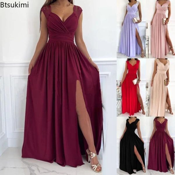 Casual Kleider 2024 Frauen Elegante Abend Party Langes Kleid Ärmellose Spitze Luxus Backless Hohe Schlitz Weiblichen V-ausschnitt Vestidos De mujer