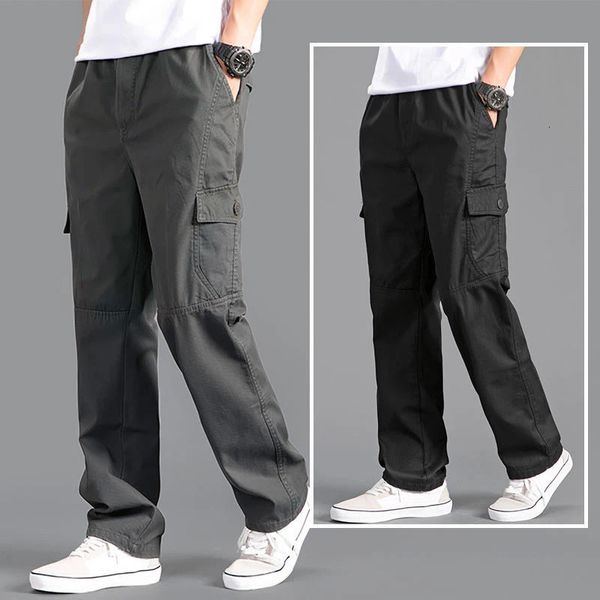 Kargo pantolonlar erkek gevşek düz büyük boy giyim katı gri çok yönlü iş giymek siyah joggers pamuklu gündelik erkek pantolon 240220