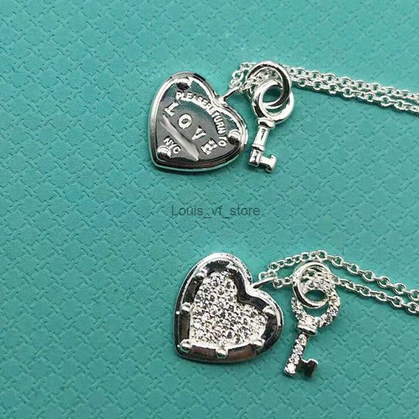 Pingente colares jóias designer t s925 prata esterlina amor diamante coração marca pequena chave colar platina clavícula corrente luz luxo bloqueio h24227