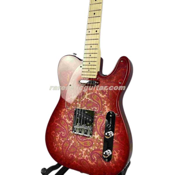 Disponibile Brad Red Paisley chitarra elettrica con manico in acero, inserto a punti neri, ponte a 3 selle cromato, battipenna trasparente