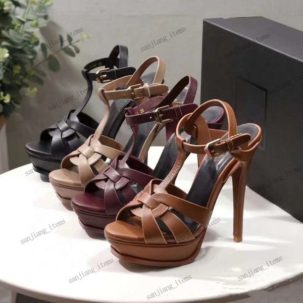 2024 Tribute Platform Stiletto Sandal Shoes Top designer Real Leather Peep Toes salto alto T strap Lady Slingback Bombas 10cm e 13cm sapatos de festa de casamento NOVO