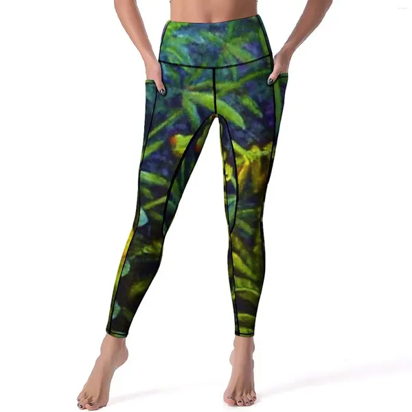 Pantaloni attivi Leggings a forma di rana con tasche Rane tropicali verdi con occhi rossi Grafica della giungla Yoga Push Up Fitness Legging traspirante