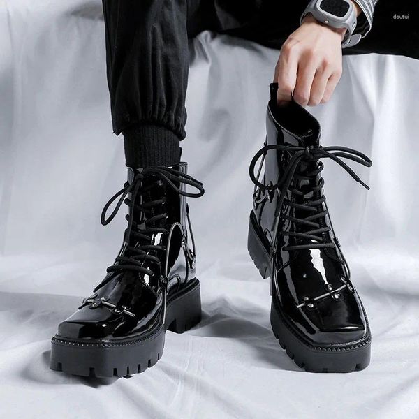 Botas masculinas de luxo moda couro patente marca designer sapatos dedo do pé quadrado festa boate vestido preto elegante plataforma botas homem