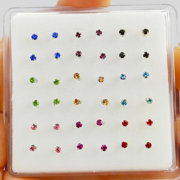 Schmuck 36pcs/Pack 925 Sterling Silber Mixcolor 2mm Kristall Nasenstift Piercing Nasenstift Knochenschmuck