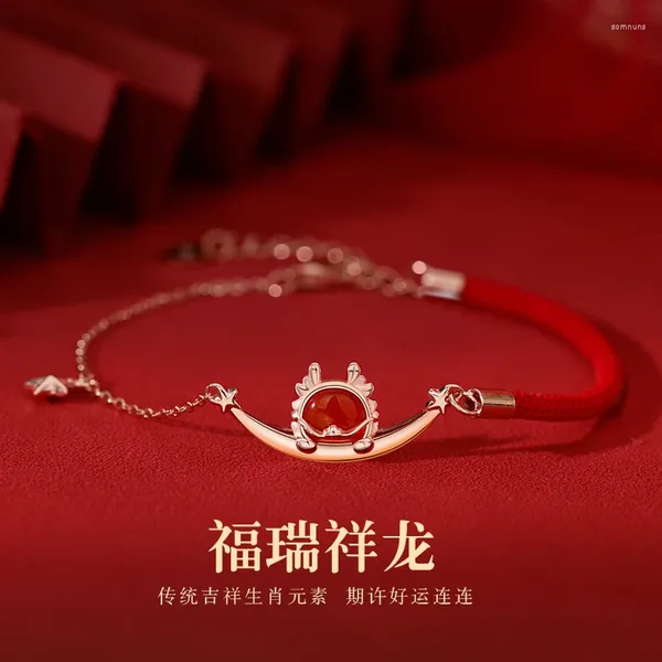 Charme pulseiras 925 prata esterlina estrela lua dragão ano pulseira feminina luz luxo pequeno delicado zodíaco corda vermelha ornamentos de mão