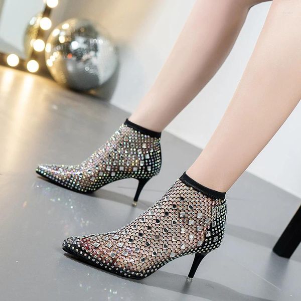 Botas moda mulheres bombas feamle malha fina hig saltos apontados sapatos senhoras cristal hallow out deslizamento em calçado de design sexy 2024