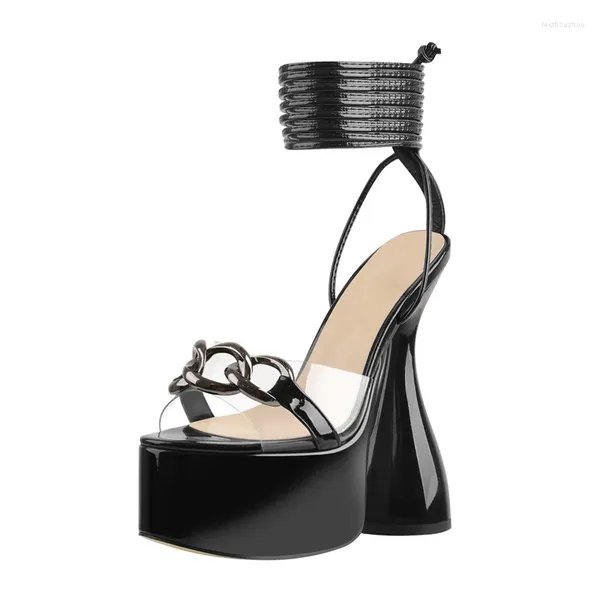 Scarpe eleganti Richealnana Sandali stringati con plateau estivo Donna Pelle verniciata Catena di metallo nero Punta con tacco alto Cinturino alla caviglia in PVC Grandi dimensioni