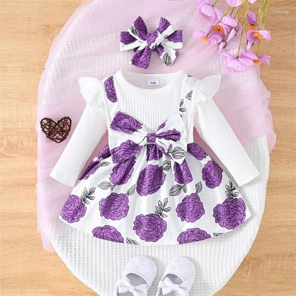 Mädchen Kleider Baby Herbst Outfits Langarm Schleife vorne Blumenkleid Säugling Hosenträger mit Stirnband Set