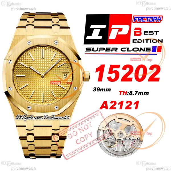 IPF 1520 Jumbo Ekstra ince 39mm Sarı Altın Grande Tapisserie Dial Stick A2121 Otomatik Erkekler İzle Paslanmaz Çelik Bilezik Süper Edition PureTiMewatch Reloj