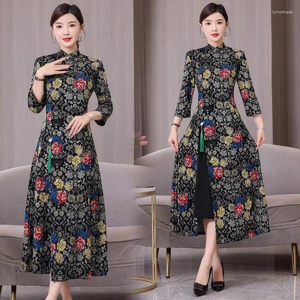 Abiti casual primaverili e autunno 2024 in stile etnico QIPAO High -End Cinese Retro Ladies Fashion Mom's Abito stampato Cheongsam Z4738