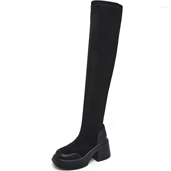 Stiefel Herbst Winter Frauen Plattform Über Das Knie Damen Stretch Gestrickte Socken Lange Slip-On Dicke Untere Schuhe Frau