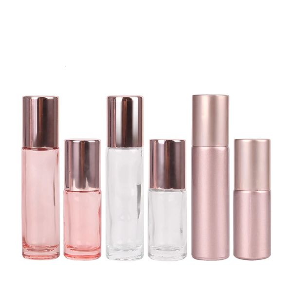 6/12/24 peças 5ml/10ml rosa/fosco rosa/rolo de vidro transparente em garrafa com bola de rolo de aço inoxidável para óleo essencial de perfume 240226