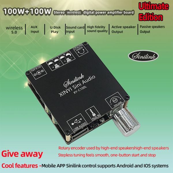 Alto-falantes XINYI Sini Áudio 100Wx2 C100L Bluetooth 5.0 Placa amplificadora de potência digital Dualchannel Alto-falante Estéreo Áudio AMP Módulo Entrada AUX