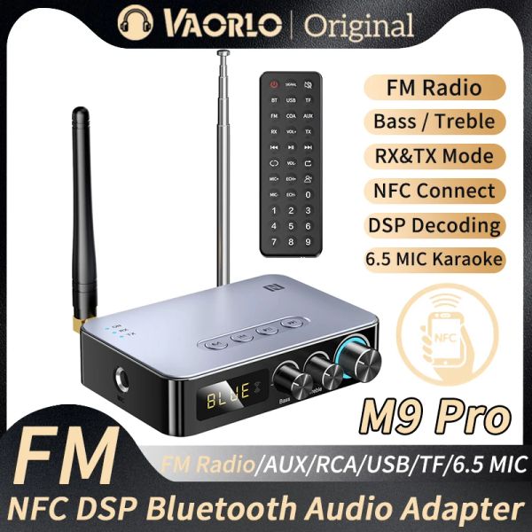 Adaptador m9/m9pro bluetooth receptor de áudio transmissor dsp adaptador sem fio nfc/aux/rca/usb udisk/tf/6.5 microfone karaokê/coaxial/rádio fm