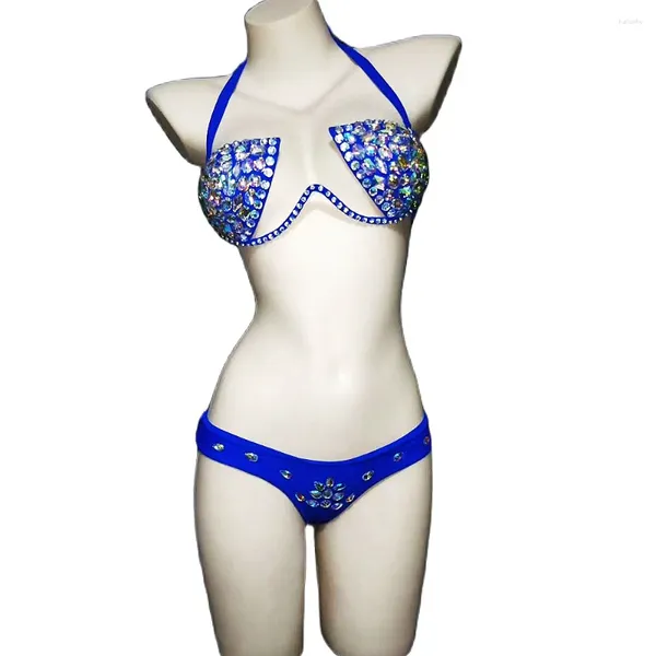 Sahne Giyim Parlayan Rhinestone Dekorasyon Halter Bikini İki Parça Takım Gece Kulübü Dans Gösterisi Beachwear Crystal Diamond Seksi
