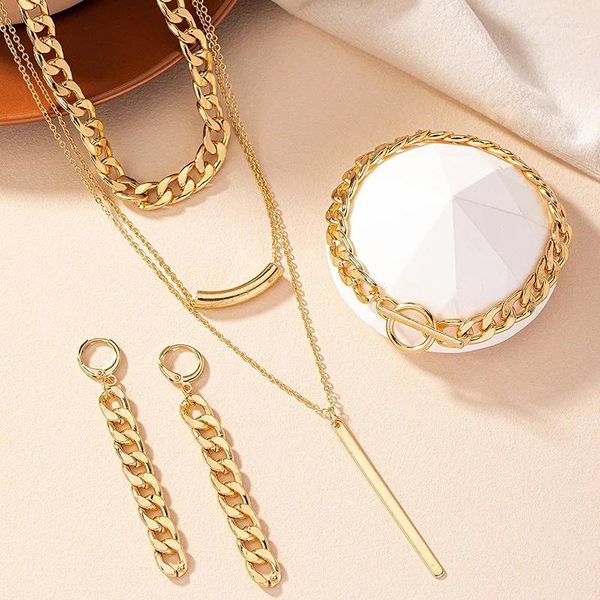 Collana orecchini set elegante placcatura dorata lega geometrica catena multistrato da donna bracciali a 3 fili gioielli 3 pezzi