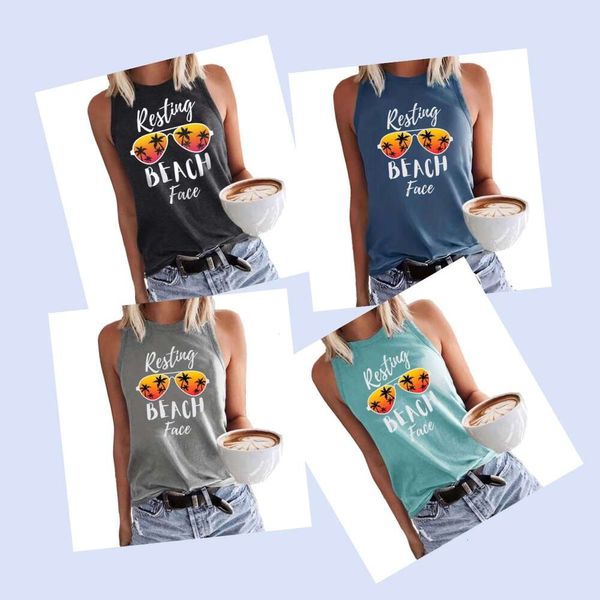 wholesale T-Shirt für Damen, Strandurlaub, Sonnenbrille, Buchstabendruck, lässig, locker, Rundhals-Tanktop für Damen, modische Farbkleidung, cool, gut aussehend