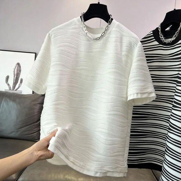 Camisetas femininas 2024 verão para mulheres o pescoço solto camisetas femininas manga curta preto branco tshirts senhora 3d jacquard tecer tops