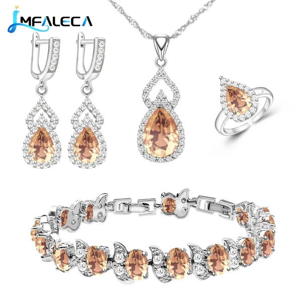 Set Set di gioielli a goccia con topazio champagne per le donne Collana con orecchino Anello aperto Bracciale regalo Gioielli in argento sterling 925 Dropshipping