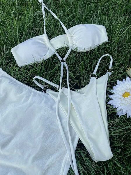 Costume da bagno donna bikini bianco costume da bagno donna 2024 nuovo costume da bagno tre pezzi borsa da spiaggia fasciatura costume da bagno triangolo costume da bagno Q240227