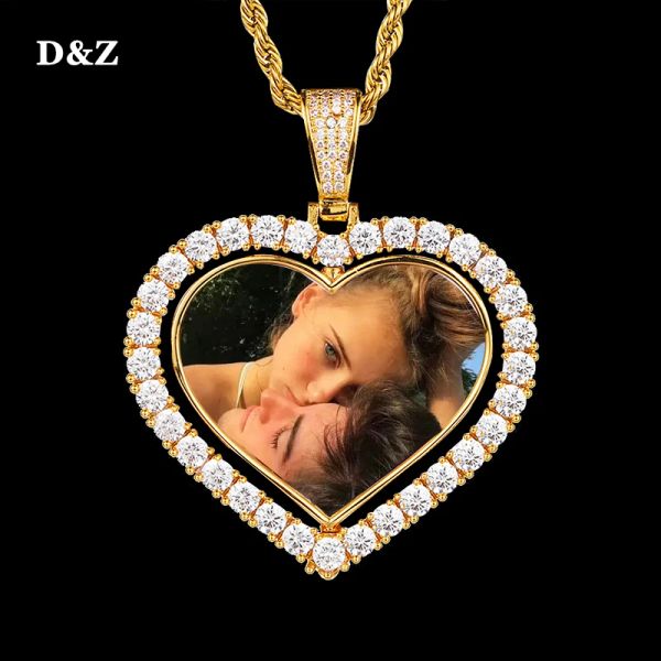 Halsketten Dz Maßgeschneiderte Foto Rotierende Herzform Doppelseitige Anhänger Halskette 4mm Tenniskette Zirkon Herren Hip Hop Schmuck