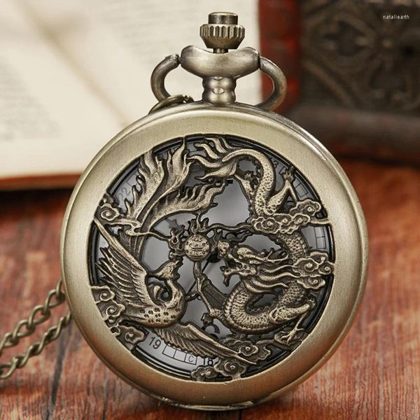 Карманные часы Двойные драконы, играющие с бусинами, античная бронза, мужские полые кварцевые часы-флип-брелок, ожерелье, подвесная цепочка Relogio De Bolso