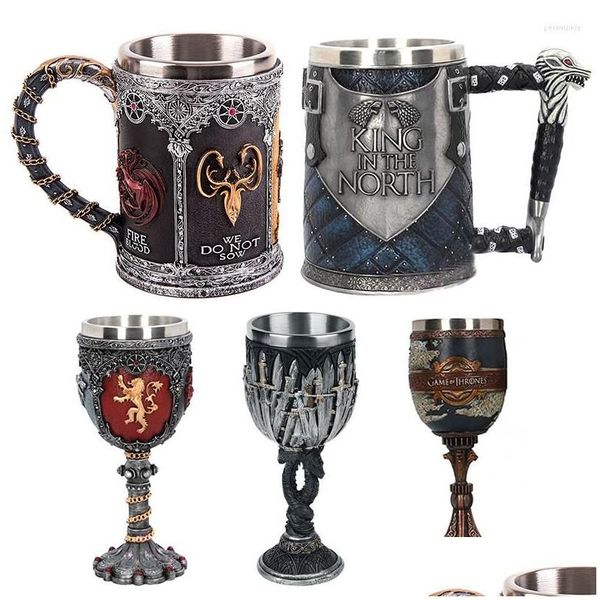 Tassen Retro Bier Kaffeetassen 3D Gothic Kelch Eisen Thron Tankard Edelstahl Harz Weinglas Becher Bar Dekoration Geschenk Drop Delive Dhy7O