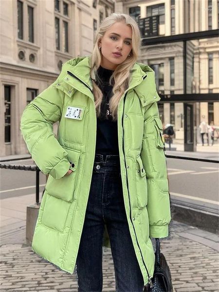 Trench da donna Giù Cappotto di cotone Donna Verde Sciolto Spessore Calore Parka con cappuccio 2024 Moda invernale Coreano Tasche posteriori Abbigliamento