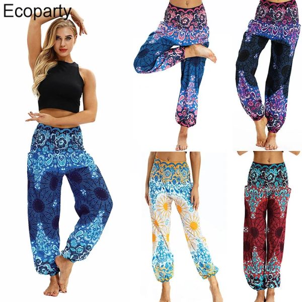 Roupa feminina calça de yoga indiano nepal solto calças confortáveis multicolorido bohemia geométrica floral impressão calças de perna larga bloomers para mulher