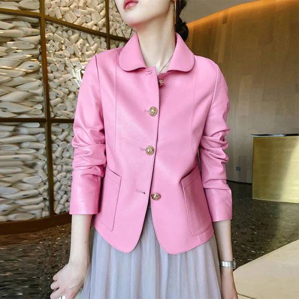 Jaquetas rosa jaqueta de couro genuíno para as mulheres primavera outono 2024 tendência botões de metal curto motocicleta natural pele carneiro jaquetas
