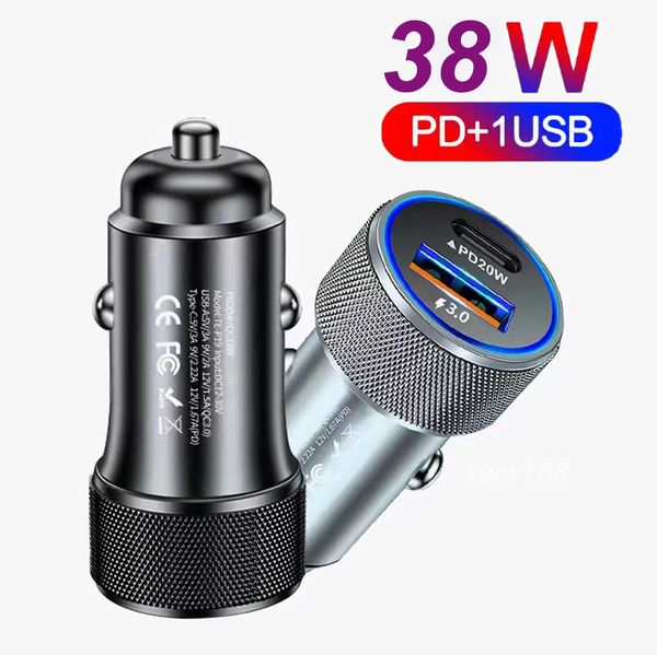 OEM 38W Metal Car Charger USB QC 3.0 18W и PD 20W Двойная линия одновременная сверхпрочная зарядка для iPhone Samsung Huawei Xiaomi смартфон с упаковкой