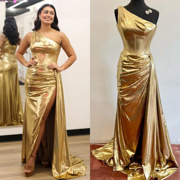 Gold-Metallic-Abschlussballkleid, One-Shoulder-figurbetontes, langes, formelles Event-Partykleid für den Winter, gerüscht, hoher Schlitz, silbernes Königsblau, roter Teppich, Laufsteg, Oscar-Gala, Schönheitswettbewerb, seitliche Überlagerung