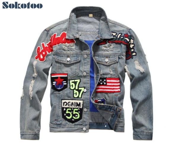 Sokotoo Men039s Amerikan Bayrak Rozeti Yama Tasarım İnce Denim Ceket Vintage Mektuplar Yamalı Yırtılmış Sıkıntılı Ceket Outerwear8177433