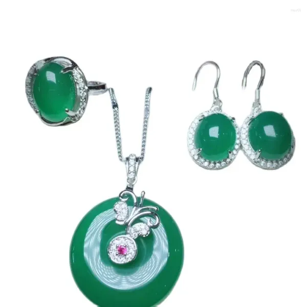 Collana Orecchini Set Crisantemo naturale Chiffon Anello pendente in tre pezzi a quattro colori S925 Mosaico in argento Calcedonio femminile