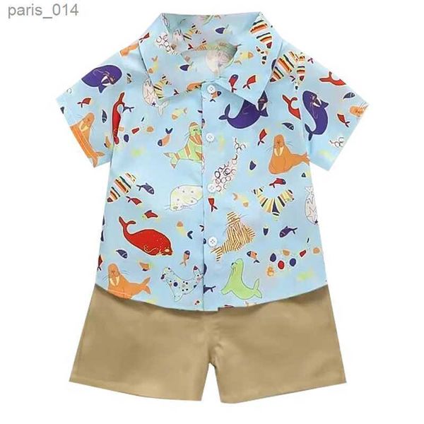 Sets/Anzüge Sommer-Babykleidung, cooles Cartoon-Dinosaurier-Kurzarm-Shirt-Set, Outdoor-Stehkragen, modisches Hemd, Urlaub, Strand, Kind