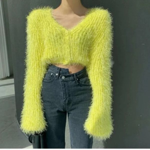 Cardigan Donna Giallo Visone Cashmere Cardigan lavorato a maglia Scollo a V Velluto Maglione in mohair Cappotto a maniche lunghe Peluche selvaggio monopetto Crop Top