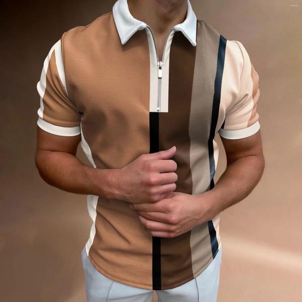 Polos masculinos 2024 moda verão com zíper camisa polo listrado camisas masculinas streetwear casual manga curta camisetas