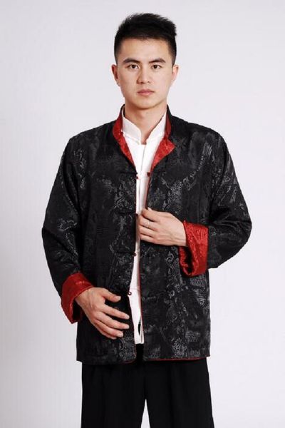 Atacado estilo chinês masculino dupla face tang terno cetim de seda kung fu jaqueta manga longa hanfu roupas casaco tamanho S-3XL