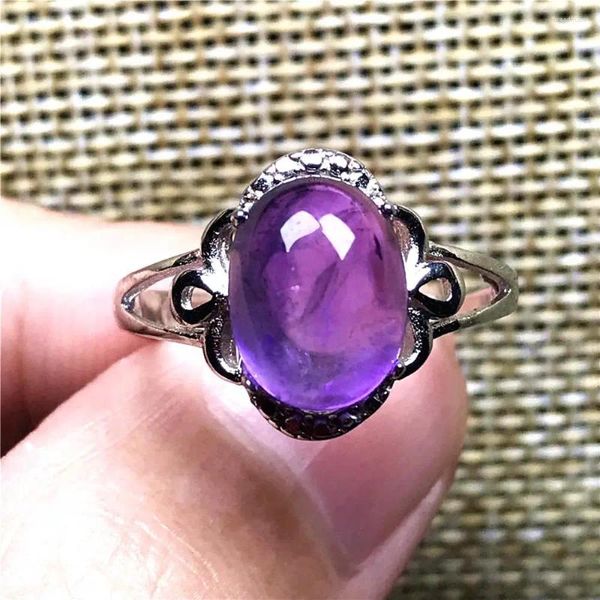 Anelli a grappolo 10x8mm Reale naturale viola ametista cristallo di quarzo anello gioielli per donna signora uomo perline ovali pietra argento regolabile