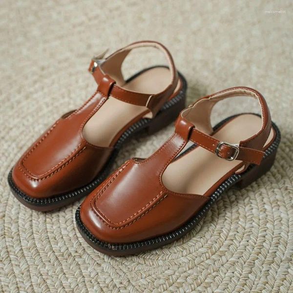 Сандалии-оксфорды с пряжкой, женская обувь, дизайнерские туфли на среднем каблуке, лето 2024, туфли-лодочки с квадратным носком, повседневные шлепанцы на массивном каблуке Mujer Zapatillas